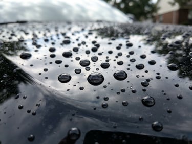 Extreme close-up of water beading on a freshly waxed black SUV hood, high-contrast reflections, bright natural daylight, low angle, sharp focus