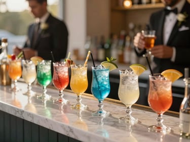 A vibrant, elegant family celebration bar with custom mocktails and colorful garnishes, warm lighting, professional setup
