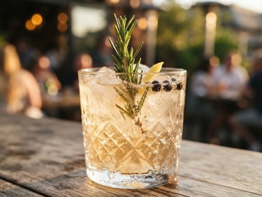 Elegant close-up of a sparkling rosemary-infused gin cocktail with condensation, soft golden-hour light reflecting on polished glassware, shallow depth of field, 35mm