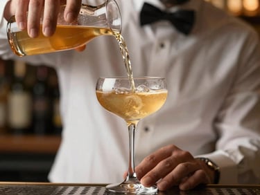 Close-up of a professional bartender in clean attire pouring a golden cocktail into a coupe glass, condensation on the glass, shallow depth of field, 35mm
