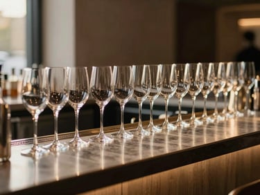 Sleek modern bar setup at a corporate gala with warm lighting and polished barware