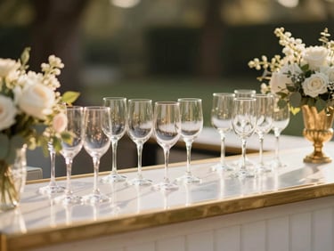 An elegant outdoor wedding bar setup with gold accents, crisp glassware reflecting warm sunlight, floral arrangements, shallow depth of field