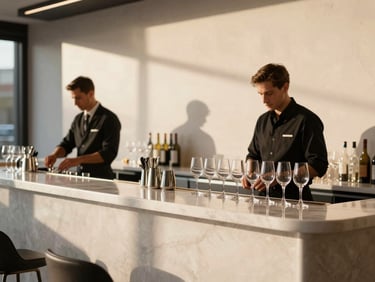 A sleek, modern corporate bar setup at a brand activation, clean lines, professional bartenders in uniform, minimal styling