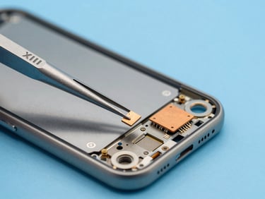 Extreme close-up macro shot of a disassembled smartphone chassis on a clean blue workbench, precision tweezers holding a tiny copper component under bright neutral lighting, 35mm.