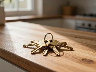 A set of brass car keys resting on a clean wooden kitchen counter, warm late-afternoon sun streaming through a window.