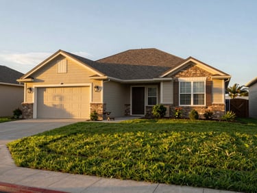Eye-level realistic medium-wide shot of a modest suburban home with a neat lawn, glowing in warm late-afternoon sun.