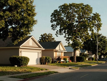 Close-up of a local neighborhood streetscape with modest homes and mature trees, bathed in warm, natural late-afternoon sun.