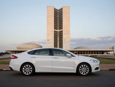 Wide shot of a white Ford Fusion Hybrid Titanium parked in front of Brasília's Palácio do Planalto modernist facade at overcast dawn — car occupies left two-thirds of frame, geometric government architecture fills background, cool flat daylight, no people, clean asphalt, precise symmetrical framing