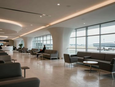 Minimalist wide view of an airport VIP lounge with modern architectural curves, soft natural light, quiet atmosphere.