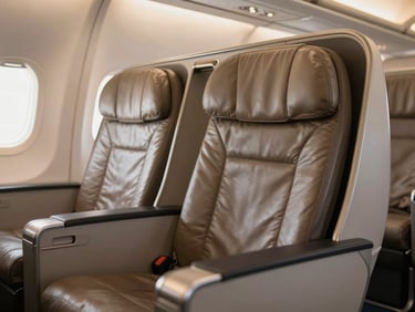 Close-up of a modern, empty business class cabin seat, warm ambient lighting, clean lines, luxury leather textures.