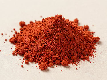 Close-up of fine red tomato powder on a neutral surface, diffused studio light, emphasizing texture and rich color