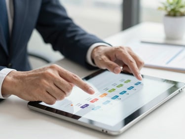 A close-up shot of a financial advisor's hands pointing to a structured timeline chart on a tablet, bright natural daylight, clean office setting