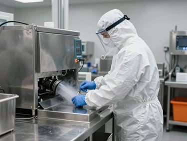 Intérieur d'un laboratoire ou d'une usine alimentaire, surfaces en acier inoxydable brillantes, un technicien en tenue de protection effectuant une désinfection, éclairage vif, tons blancs et argentés