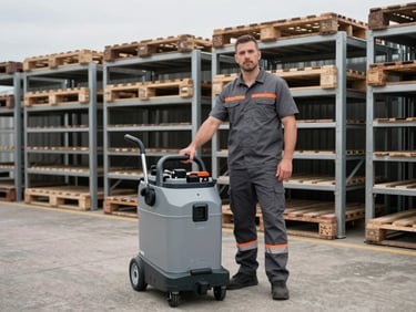 Technicien en uniforme de CleanIndus utilisant une autolaveuse dans un grand entrepôt propre et bien rangé, lumière naturelle diffuse, palettes et rayonnages en arrière-plan, tons neutres et bleus