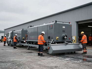 Vue en plongée d'une machine de décapage de sol industriel nettoyant une large surface d'entrepôt, lumière industrielle claire, techniciens en équipement de sécurité, tons gris et orange