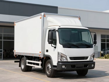A clean, organized commercial service truck parked outside a modern commercial building under bright daylight, straight-on technical framing.