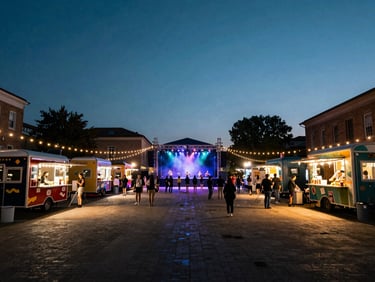 Wide angle shot of a public cultural festival in a historic square, outdoor food trucks, string lights, people enjoying the evening, cinematic atmosphere