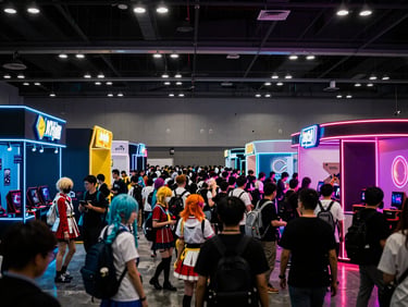 Crowded convention hall with colorful cosplay participants, neon signs, gaming booths, vibrant event photography, high contrast