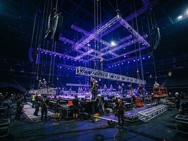 Wide-angle dynamic shot of a massive stage production setup under dramatic violet and blue lights, truss systems being raised, high contrast, cinematic atmosphere