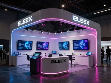 Sleek corporate brand activation booth with neon lighting, modern design, interactive screens, professional indoor lighting, high contrast
