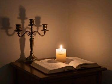 A dimly lit room corner with a candelabra casting long shadows, an open art book on a small table, a single unlit Renata candle, warm chiaroscuro lighting.