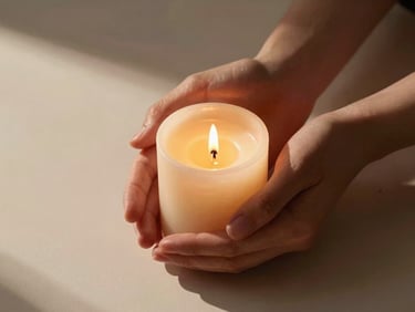 Close-up of hands gently cupping a lit candle, soft shadows, warm chiaroscuro lighting, cream and wine red tones.