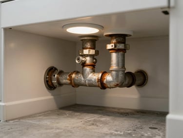 Wide shot of exposed residential plumbing under a bathroom vanity, corroded pipe joint visible, practical overhead lighting, concrete floor below