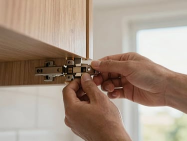 Extreme close-up of hands inspecting a kitchen cabinet hinge pulled away from a damaged frame, natural daylight from a nearby window, raw wood grain visible