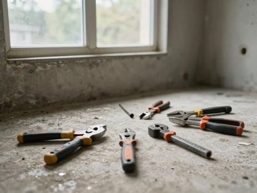 Wide environmental shot of a residential utility room with a mix of hand tools laid on the floor in context, natural light from a high window, worn concrete surface