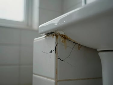 Close-up of cracked bathroom tile near a shower base with visible water staining along the grout line, overcast window light, no staging