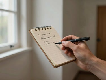 Close detail of a hand holding a notepad with written observations in a residential hallway, ambient window light, painted wall with minor visible water stain in background
