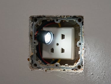 Close-up of an electrical outlet partially removed from a residential wall, wiring visible inside the box, practical job-site flashlight illuminating the cavity