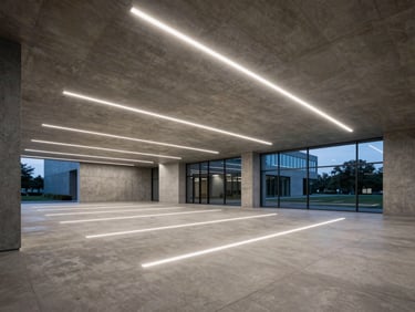 Wide angle view of a modern concrete office lobby at dusk, perfectly calculated linear LED fixtures casting sharp geometric light patterns on the floor, no people.