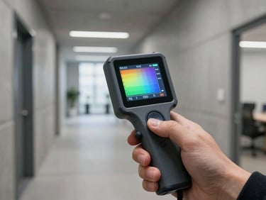 Close-up of a handheld digital spectrometer measuring light color spectrum in a modern concrete office corridor, sharp focus, technical display visible