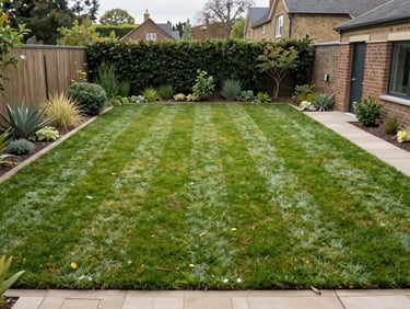 neatly striped newly laid turf in a modern British garden, overcast daylight