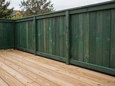 close-up of crisp timber decking lines and high-quality wooden fencing, clean construction