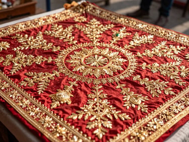 Close-up of traditional golden bridal embroidery on red silk fabric, authentic Indian craftsmanship, bright daylight.