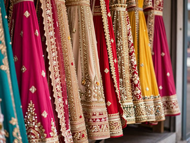 Close-up of vibrant traditional Indian bridal wear with detailed gold embroidery hanging in a premium Rajouri Garden boutique