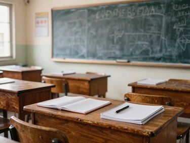 Bright classroom interior with a wooden desk, notebooks, and a chalkboard in the background, natural daylight, 35mm lens.