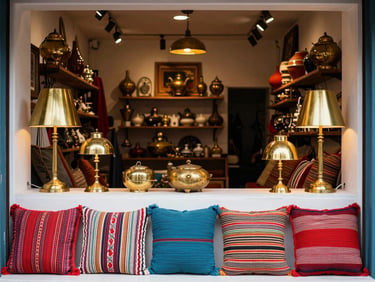 Interior of a modern, well-lit home decor boutique in West Delhi, showcasing brass lamps and hand-woven cushions