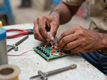 Hands of a local electrician repairing a modern copper wire circuit board, tools on table, bright natural light.
