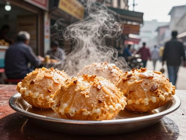 A plate of hot, fresh chole bhature served at a famous local eatery in Rajouri Garden, steam rising, vibrant street atmosphere