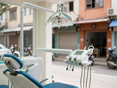 Clean modern dental clinic interior, bright natural lighting, professional medical equipment visible but soft-focused, 35mm lens.