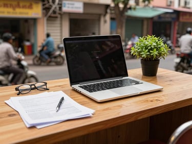 A neat office desk with a laptop, documents, glasses, and a small green plant, warm ambient lighting, 35mm lens.