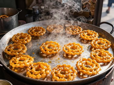 Golden fresh jalebis being fried in a large iron pan at a traditional sweet shop, steam rising, warm ambient light.