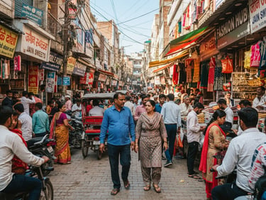 Vibrant street photography of a bustling West Delhi market street in Rajouri Garden, bright natural daylight, rich warm tones, authentic local Delhi atmosphere, 35mm lens