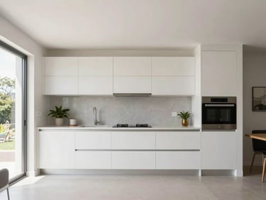 Clean modern kitchen and dining space in Yerba Buena, Tucumán, bright natural light, realistic architectural photography, 35mm