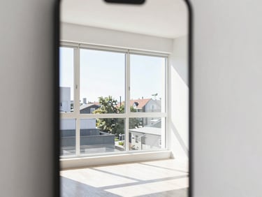 Bright and clean modern apartment living room interior in Yerba Buena, natural daylight streaming through a window, realistic photography, sharp focus