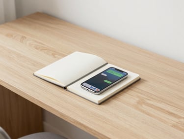 Minimalist wooden desk with a notebook and a smartphone showing a chat, bright natural daylight, clean workspace, realistic photography