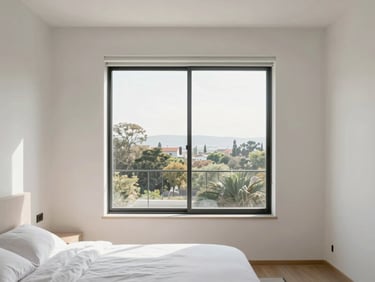 Minimalist bedroom with large window in San Miguel de Tucumán, morning light, realistic architectural photography, 35mm